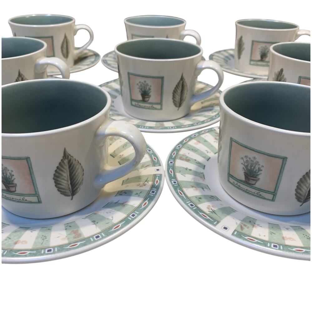 Pfaltzgraff Naturewood Coffee Tea Cups and Saucers Stoneware Garden Motif Set 8